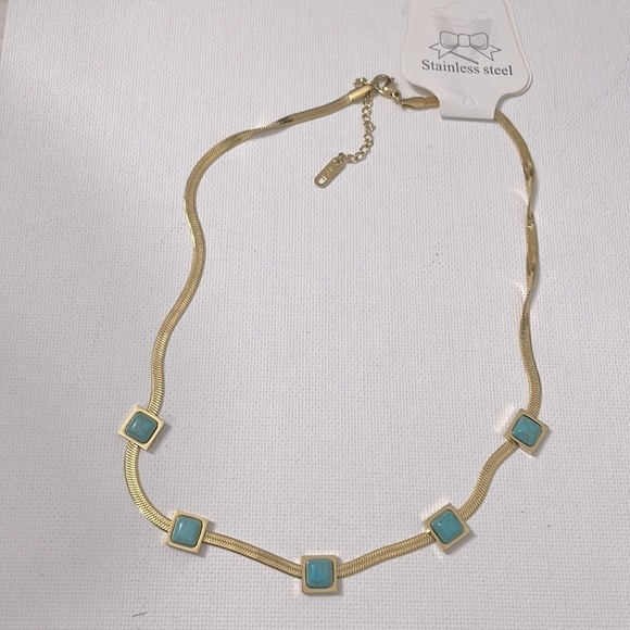 Turquoise Blue Stone Square Herringbone Necklace - Picture 15 of 17